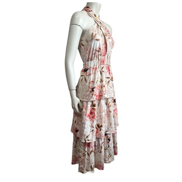 EXPRESS linen halter midi dress cream pink romantic crossover sexy tiered medium - Picture 12 of 16